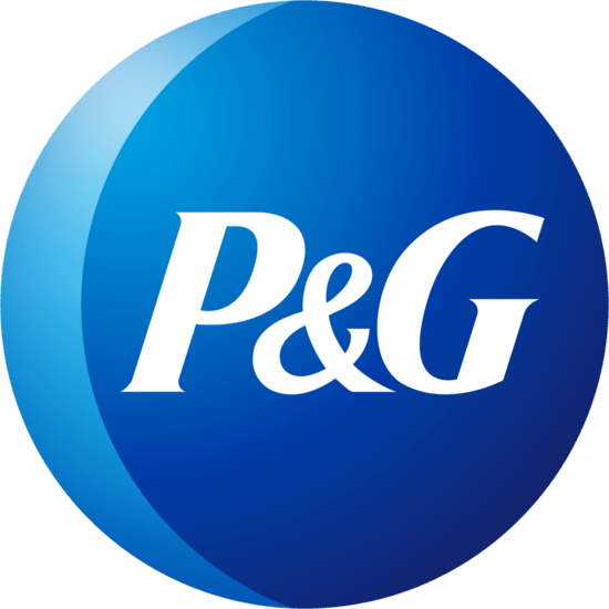 Logo of Proctor & Gamble, with the letters P&G enveloped in blue circle. 